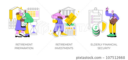Retirement financial planning abstract concept vector illustration set. Retirement preparation, investments and elderly financial security, retiree budget, pension account, seniors abstract metaphor. Retirement financial planning abstract concept vector illustration set. Retirement preparation, investments and elderly financial security, retiree budget, pension account, seniors abstract metaphor. 107512668