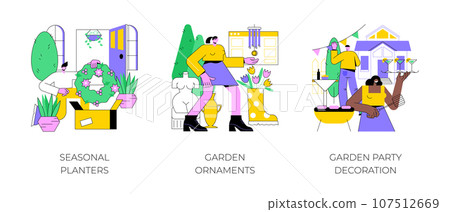 Garden accessories abstract concept vector illustration set. Seasonal planters, garden ornaments, party decoration, planting flowers, backyard lighting, dining space, front door abstract metaphor. 107512669