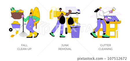 Autumn garden maintenance abstract concept vector illustration set. Fall clean-up, junk removal, gutter cleaning, mulching and leaf removal, lawn care, yard waste disposal service abstract metaphor. Autumn garden maintenance abstract concept vector illustration set. Fall clean-up, junk removal, gutter cleaning, mulching and leaf removal, lawn care, yard waste disposal service abstract metaphor. 107512672