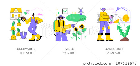 Garden protection abstract concept vector illustration set. Cultivating the soil, weed and pest control, dandelion removal, herbicide and pesticide, grass seed, weed-free lawn abstract metaphor. 107512673