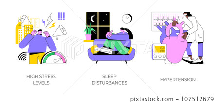Stressful life abstract concept vector illustration set. High stress levels, sleep disturbances, hypertension, digital overload, mental health, high blood pressure, insomnia abstract metaphor. 107512679