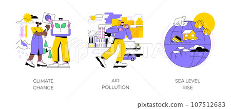 Greenhouse effect abstract concept vector illustration set. Climate change, air pollution, sea level rise, urban smog, global warming, melting ice, world ocean, factories pollution abstract metaphor. 107512683