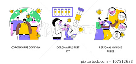 Coronavirus disease outbreak abstract concept vector illustration set. Novel coronavirus covid19 test kit, personal hygiene rules, covid diagnosis, wash hands, wear a mask abstract metaphor. Coronavirus disease outbreak abstract concept vector illustration set. Novel coronavirus covid19 test kit, personal hygiene rules, covid diagnosis, wash hands, wear a mask abstract metaphor. 107512688