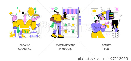 Natural cosmetics abstract concept vector illustration set. Organic cosmetics, maternity care products, beauty box, beauty industry, skin treatment, hair care, newborn cream abstract metaphor. 107512693