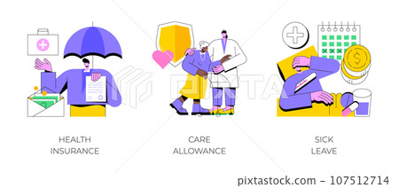 Medical care abstract concept vector illustration set. Health insurance, care allowance, sick leave, application form, emergency coverage, home nurse, social insurance, home office abstract metaphor. 107512714