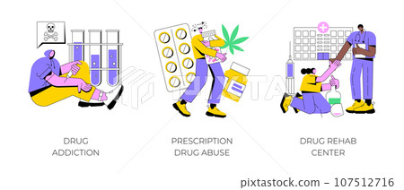 Drug addiction abstract concept vector illustration set. Drug monitoring, prescription medication abuse, rehab center, overdose, therapy clinic, ankle bracelet, detox abstract metaphor. 107512716