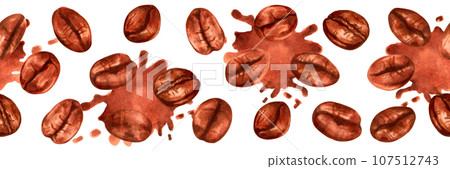 Seamless border of coffee beans with spots. Aroma of Robusta and Arabica varieties. Coffee day. Cappuccino, mocha, espresso, chocolate ingredient. Natural aromatic drink. Hand drawn isolated art Seamless border of coffee beans with spots. Aroma of Robusta and Arabica varieties. Coffee day. Cappuccino, mocha, espresso, chocolate ingredient. Natural aromatic drink. Hand drawn isolated art 107512743