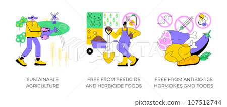 Natural farming abstract concept vector illustration set. Sustainable agriculture, free from pesticide, herbicide, antibiotics and hormones GMO foods, organic farm market, watering abstract metaphor. Natural farming abstract concept vector illustration set. Sustainable agriculture, free from pesticide, herbicide, antibiotics and hormones GMO foods, organic farm market, watering abstract metaphor. 107512744