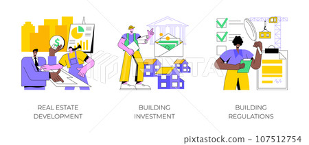 Construction project abstract concept vector illustration set. Real estate development, building investment and regulations, city architecture, bank loan, construction site abstract metaphor. Construction project abstract concept vector illustration set. Real estate development, building investment and regulations, city architecture, bank loan, construction site abstract metaphor. 107512754
