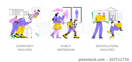 Public places abstract concept vector illustration set. Community facilities, public restrooms, sociocultural infrastructure, cleaning and hygiene, health centre, school building abstract metaphor. 107512758