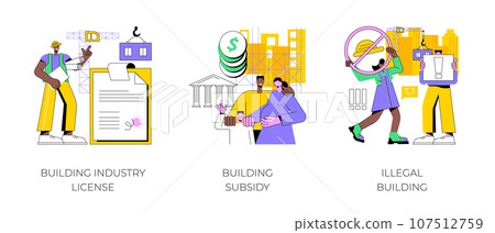 Construction permit abstract concept vector illustration set. Building industry license, government grant and subsidy, illegal construction, home financing, new house, demolition abstract metaphor. 107512759