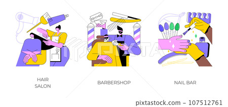 Beauty services abstract concept vector illustration set. Hair salon, barbershop, nail bar, beauty salon, beard shaving, moustache trimming, nail polish, french manicure, pedicure abstract metaphor. Beauty services abstract concept vector illustration set. Hair salon, barbershop, nail bar, beauty salon, beard shaving, moustache trimming, nail polish, french manicure, pedicure abstract metaphor. 107512761