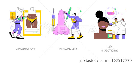 Plastic surgery abstract concept vector illustration set. Liposuction and rhinoplasty, lip injection, body contouring, beauty standard, weight loss, filler cosmetic, hyaluronic acid abstract metaphor. 107512770