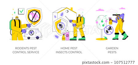 House and garden protection abstract concept vector illustration set. Rodents pest control service, home insects control, garden pests, rats trapping, vermin exterminator abstract metaphor. 107512777