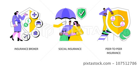 Risk insurance abstract concept vector illustration set. Insurance broker, social and peer-to-peer paid benefit, emergency risk, unemployment and income loss, pension trust fund abstract metaphor. 107512786