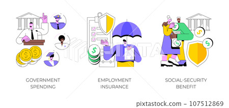 Country budget abstract concept vector illustration set. Government spending, employment insurance, social-security benefit, sickness benefit, retirement insurance, disability abstract metaphor. Country budget abstract concept vector illustration set. Government spending, employment insurance, social-security benefit, sickness benefit, retirement insurance, disability abstract metaphor. 107512869