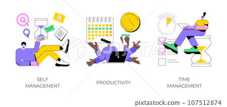 Employee performance and self-organization abstract concept vector illustration set. Self and time management, productivity, motivation software, effective job planning, control abstract metaphor. Employee performance and self-organization abstract concept vector illustration set. Self and time management, productivity, motivation software, effective job planning, control abstract metaphor. 107512874
