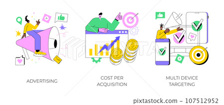 Online digital campaign abstract concept vector illustration set. Advertising, cost per acquisition, multi device targeting, target audience, media planning, PPC strategy, promotion abstract metaphor. 107512952