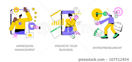 Business success abstract concept vector illustration set. Impression management, promote your business, entrepreneurship, personal brand strategy, social interaction and influence abstract metaphor. 107512954