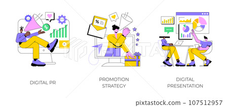 Online marketing campaign abstract concept vector illustration set. Digital PR, promotion strategy, digital presentation, reputation management, customer loyalty, brand awareness abstract metaphor. 107512957