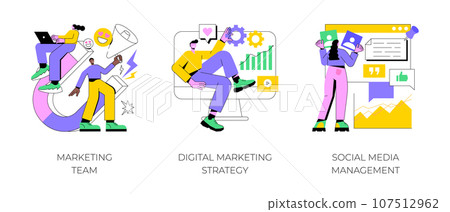 Digital marketing strategy abstract concept vector illustration set. Marketing team, social media management, SMM, brand insight, campaign strategy development, online channels abstract metaphor. 107512962