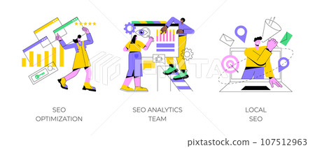 Website optimization abstract concept vector illustration set. SEO analytics team, local SEO, search engines page rank, keyword and link building, internet promotion, visibility abstract metaphor. Website optimization abstract concept vector illustration set. SEO analytics team, local SEO, search engines page rank, keyword and link building, internet promotion, visibility abstract metaphor. 107512963
