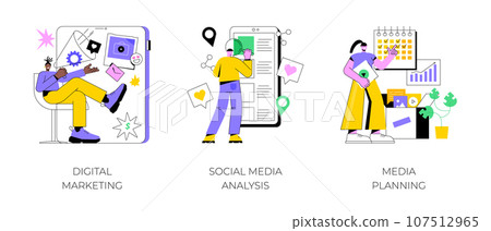 Digital marketing abstract concept vector illustration set. Social media analysis, media planning, online PPC campaign, digital agency, corporate website, engagement and ROI abstract metaphor. Digital marketing abstract concept vector illustration set. Social media analysis, media planning, online PPC campaign, digital agency, corporate website, engagement and ROI abstract metaphor. 107512965