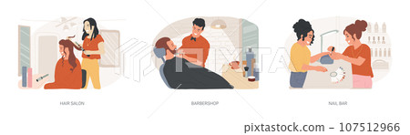 Beauty services isolated concept vector illustration set. Hair salon, barbershop, nail bar, beauty salon, beard shaving, moustache trimming, nail polish, french manicure, pedicure vector concept. 107512966