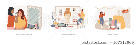 Beauty salon isolated concept vector illustration set. Professional makeup, makeup courses, beauty shop, online workshop, skin care products, gift card, cosmetics masterclass vector concept. 107512969