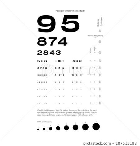 Rosenbaum Pocket Vision Screener Eye Test Chart medical illustration with numbers. Line vector style outline isolated Rosenbaum Pocket Vision Screener Eye Test Chart medical illustration with numbers. Line vector style outline isolated 107513198