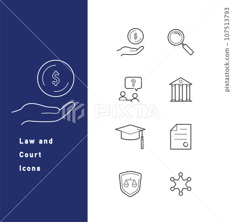 Set of line icons related to law, lawyers, and trials 107513793