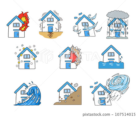 A set of illustrations of housing damage caused by disasters 107514015