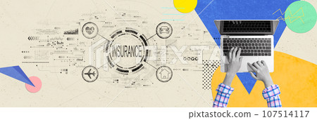 Insurance concept with person using a laptop computer Insurance concept with person using a laptop computer 107514117