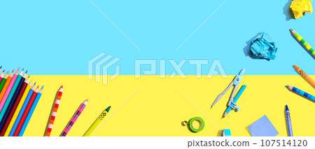 Collection of school supplies - flat lay 107514120
