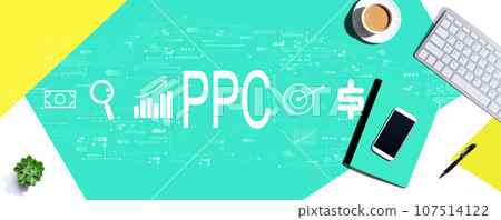 PPC - Pay per click concept with computer keyboard and office items 107514122