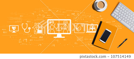 Telehealth theme with computer keyboard and office items 107514149