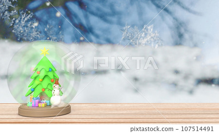 The Snowman and Christmas tree in glass ball for holiday concept 3d rendering The Snowman and Christmas tree in glass ball for holiday concept 3d rendering 107514491