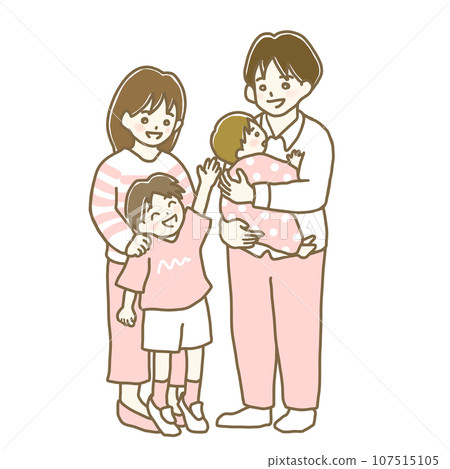 插畫材料：人、微笑的父母和孩子、四口之家（粉紅色） 107515105