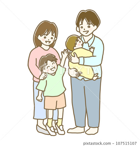 插畫資料：人、微笑的父母和孩子、四口之家（淺色） 107515107