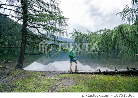 Hiking woman on a one plank bridge in high altitude mountains 107515365