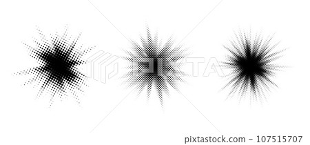 Halftone burst element set. Pop art dotted explosion blast collection. Comic light star glow. Black grunge texture effect. Abstract retro shine star flare for decoration. Vector pixelated splash pack Halftone burst element set. Pop art dotted explosion blast collection. Comic light star glow. Black grunge texture effect. Abstract retro shine star flare for decoration. Vector pixelated splash pack 107515707