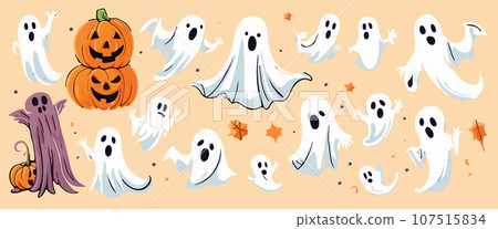 Ghosts Halloween Cartoon with pumpkins on color background, vector illustration. Ghosts Halloween Cartoon with pumpkins on color background, vector illustration. 107515834
