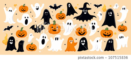 Ghosts Halloween Cartoon with pumpkins on color background, vector illustration. 107515836