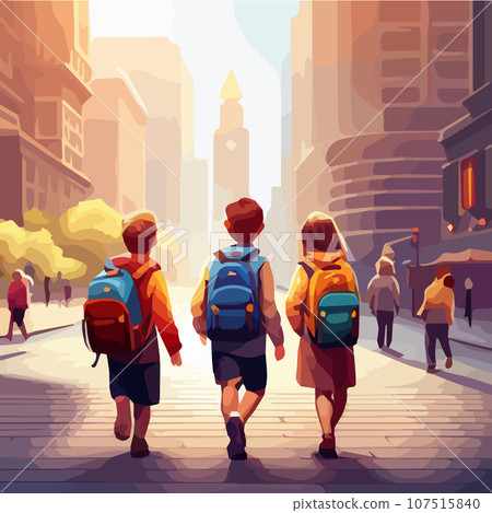 Back to school, schoolchildren with backpacks are walking along the road. vector illustration 107515840