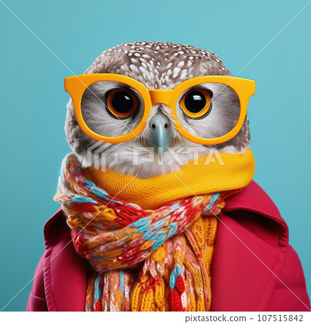 Fashion owl in trendy bright colors. Fall winter season. Pop art portrait, lifestyle 107515842