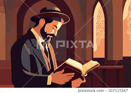 Pious jew prays in synagogue, reading torah, vector illustration, religion Pious jew prays in synagogue, reading torah, vector illustration, religion 107515847