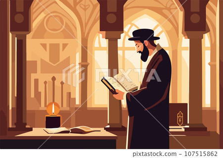 Religious Jew after attending synagogue reading Torah vector illustration. 107515862