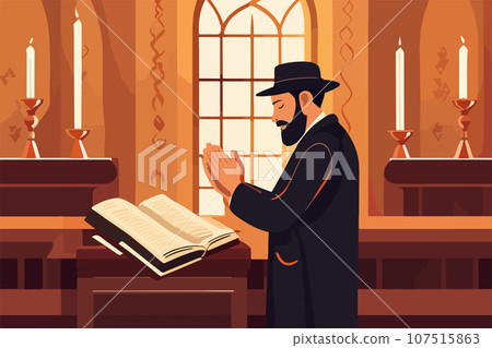 Pious jew prays in synagogue, reading torah, vector illustration, religion 107515863