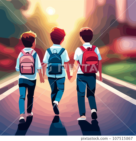 Back to school vector illustration background. Happy little boy and girl is going to school for the first time. They hold hands. Children with backpacks walk along the road 107515867