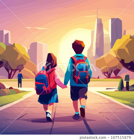 schoolchildren going to school, a beautiful autumn day, autumn leaves and trees, children go to school with backpacks. Back view, vector illustration 107515879